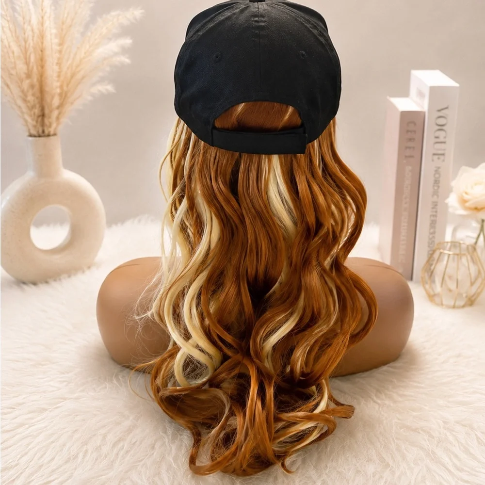 Long hundred percent Synthetic Wig Hat Cap – Copper Brown & Blonde Highlights